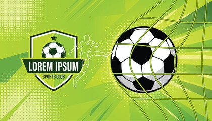 Soccer ball hitting the goal net with sports club logo shield on lime green background dynamic football vector illustration © Abir Creative Studio