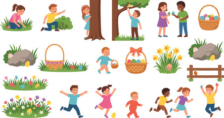 Fototapeta premium Kids playing outdoors and hunting for easter eggs in various spring settings