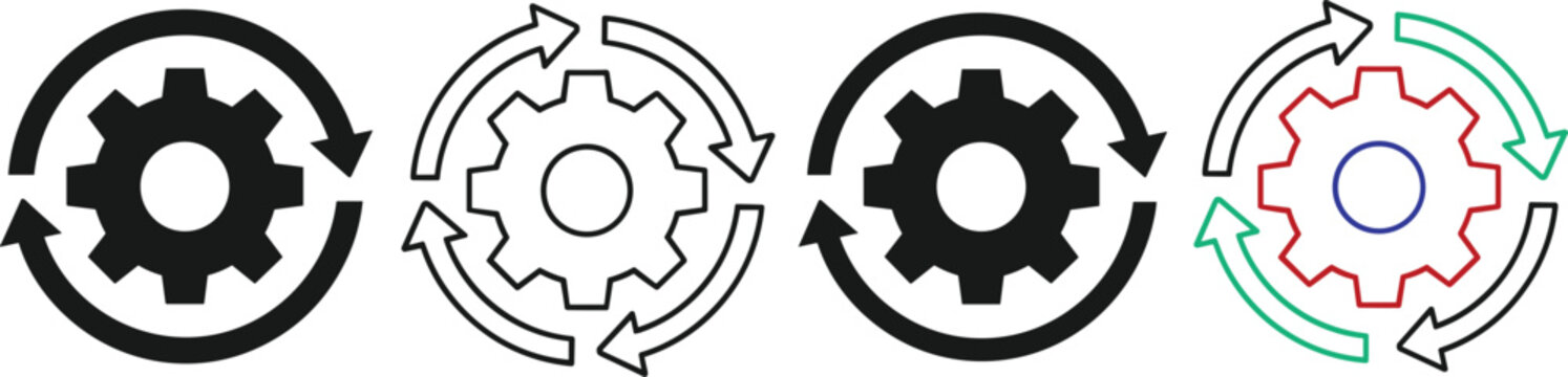 Set of gear icons with circular arrows representing process and workflow.