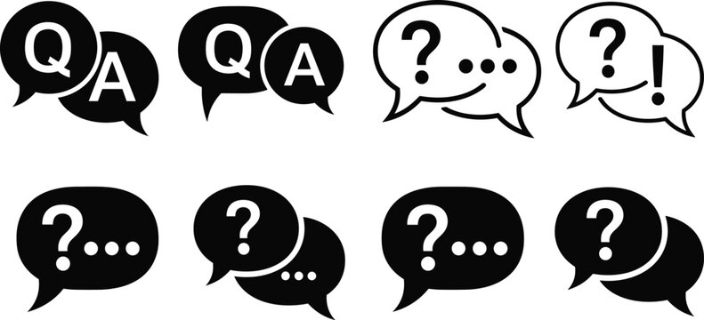 Set of speech bubble icons representing questions and answers, Q&A symbols.
