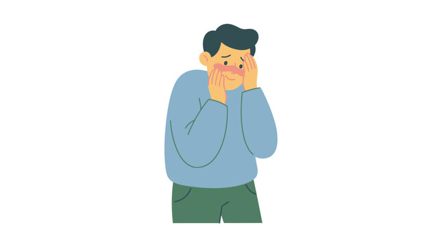 Man with flushed face and worried expression