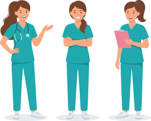 Fototapeta premium Female healthcare workers in medical scrubs with clipboard and stethoscope professional nurse vector illustration collection
