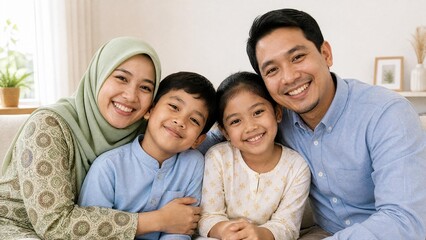 Fototapeta premium Happy Asian Muslim Family Portrait Sitting Together on Sofa at Home
