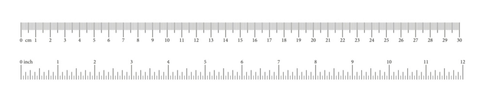 Measuring chart 12 inches, 30 centimeters. Ruler black scale with numbers. Length measurement math, distance, height, sewing tool template. Metric, imperial units.