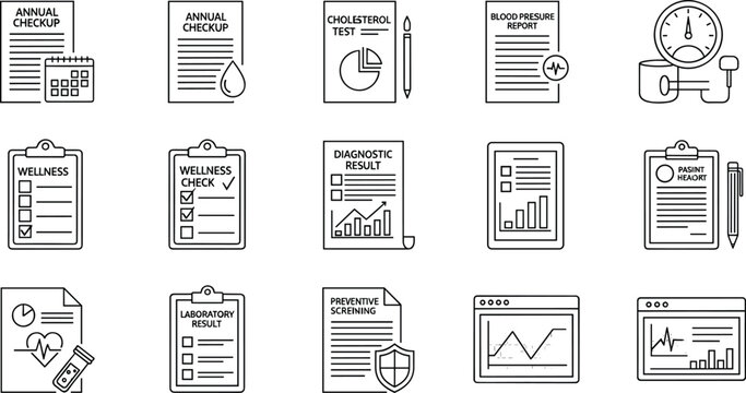 Medical Report and Laboratory Result Icon Set Featuring Annual Checkup Wellness Data Diagnostic Results and Healthcare Information Graphics