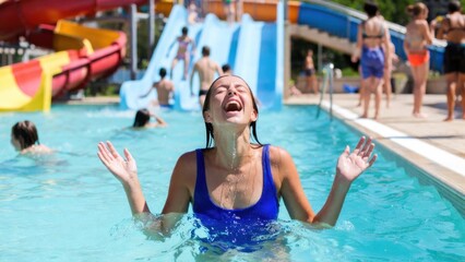 Naklejka premium Woman emerging laughing in pool at water park slides