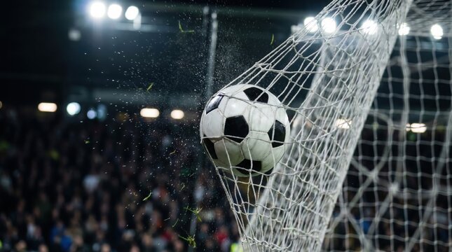 Soccer ball hitting the goal net during a match in a stadium at night the ball is captured in motion as it strikes the mesh, with stadium lights and blurred crowd in the background