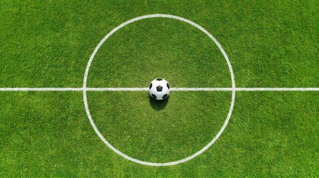 Soccer ball on the center spot of a green grass football field, aerial view top view of a football placed in the middle of the center circle on a professional soccer pitch