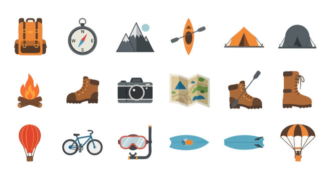 Camping, Hiking, and Adventure Gear Icons: Backpack, Compass, Tent, Kayak, Camera