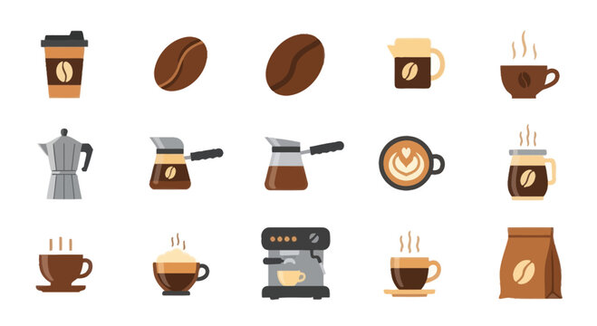 Coffee Icons: Cup, Bean, Machine, Pot, Bag, and More - Cafe Set
