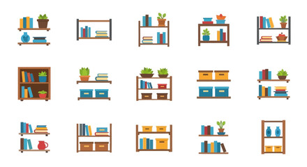 Bookshelves with Books and Plants, Storage Units, and Vases - Home Decor Icons © Heri_s99