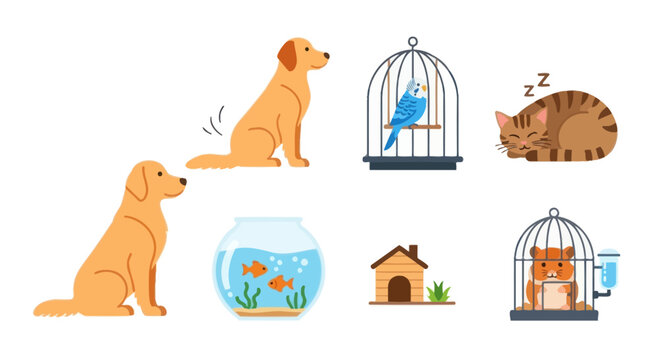 Dog, Cat, Birdcage, Fishbowl and Hamster Pet Icons