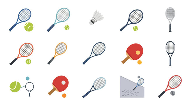 Tennis Racquets, Balls, and Shuttlecock Flat Icons for Sports Design