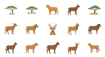 African Animals and Trees Collection: Lion, Antelope, Deer, Acacia Tree Icons © Heri_s99