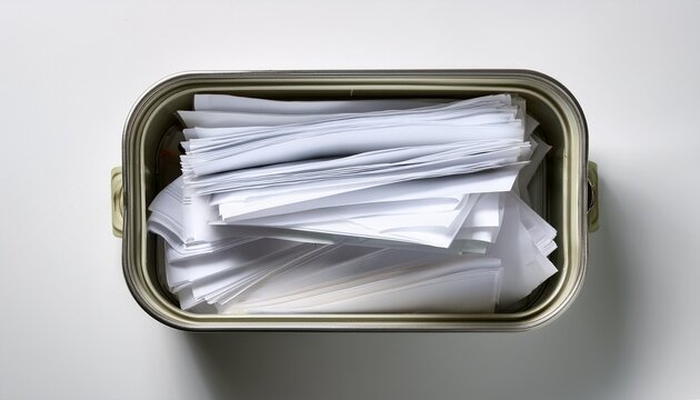 top down view of an open rectangular container partially filled with sheets of white paper presented against a clean white background