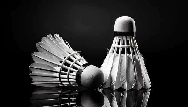 two badminton shuttlecocks rendered in a minimalist black and white style showcasing their distinct cone and feather design