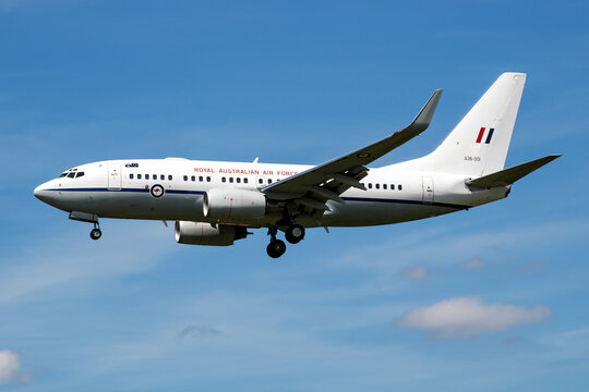 Royal Australian Air Force Boeing 737-700 BBJ (A36-001) VIP government flight on landing approach at Hamburg Airport on July 6, 2017 in Hamburg, Germany