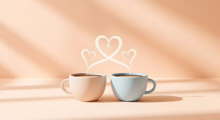 Fototapeta premium Minimal cozy friendship concept featuring two coffee cups with heart-shaped steam in soft warm lighting. 