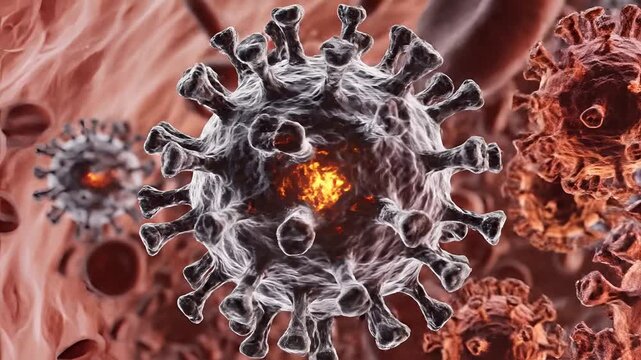 Microscopic view of Coronavirus particles and red blood cells in bloodstream 4.