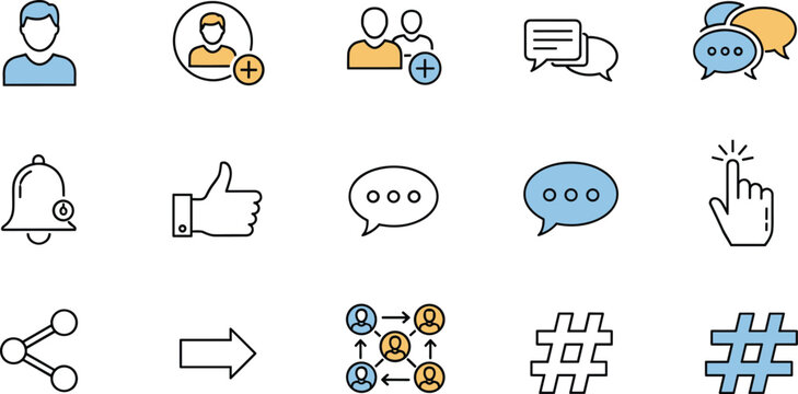 Social Media Engagement Icon Set Featuring User Profiles Chat Bubbles Like Button Hashtags and Digital Communication Networking Interface Graphics