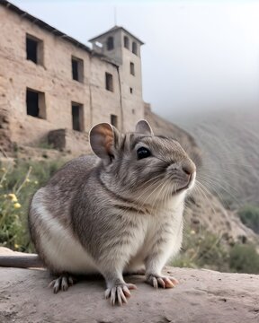 A viscacha  rat genetic hybrid experiment  fantasy animal, fictional species in an abandoned village