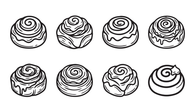 Collection of cinnamon rolls with icing detail against a white background isolated