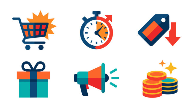 Digital Commerce Icons: A collection of dynamic icons representing key aspects of online shopping, from the instant gratification of a quick sale to the allure of special offers and rewards.