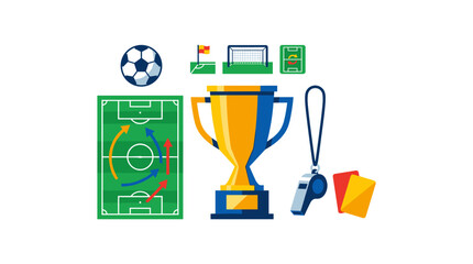 Soccer Game Components: A collection of elements associated with the world of soccer. Featuring a soccer ball, game plan, field, trophy, referee's whistle, and cards. © Duran