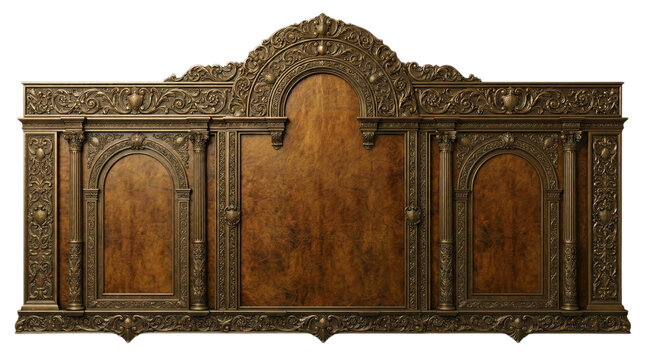 Wide ornate bronze architectural wall panel with three arched frames holding textured brown blank spaces