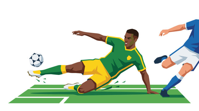 Dynamic Soccer Action: Capturing the intense moment of a soccer player executing a sliding tackle, aiming to gain possession of the ball on the green field.