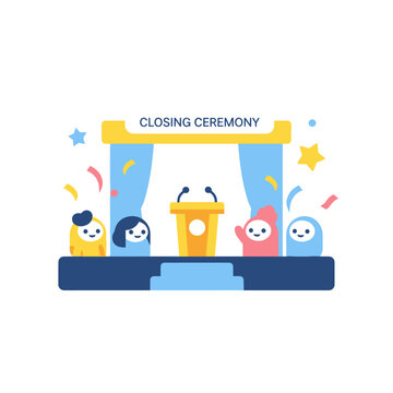 Cute characters celebrate closing ceremony with confetti and stars