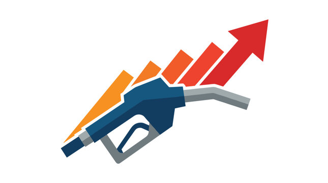 Fuel Price Rising: An illustration of a fuel nozzle, with upward trending financial bar charts and an arrow indicating price hikes, symbolizes the escalating cost of gasoline.