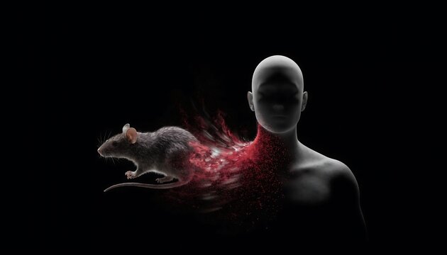 Digital Illustration Showing Human Head With Rat And Red Energy Flow