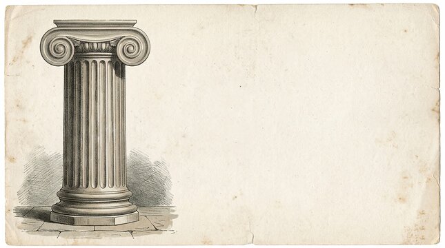 Antique engraving of classic ionic architectural column isolated on aged grunge parchment paper background template.