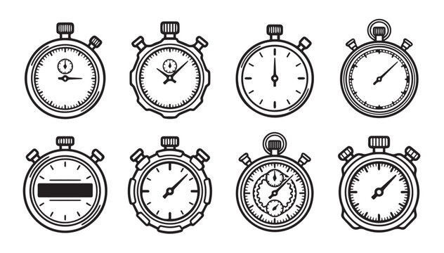 Collection of vintage stopwatch icons isolated on white background with clean lines and minimalist style