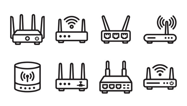 Collection of wireless routers and modems with signal waves in a clean modern line icon style