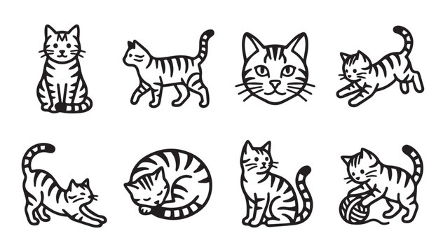 Cute Tabby Cat Illustrations in Various Poses with Minimalist Outline Style