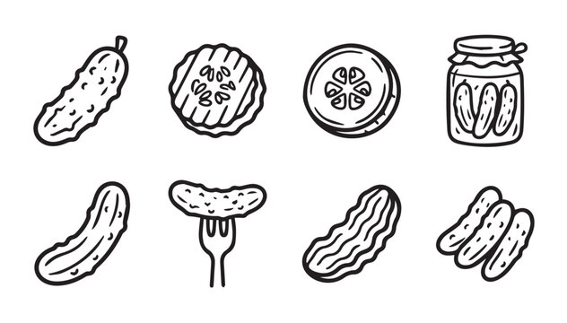 Dill pickles in various forms on white background clean line art style for food branding