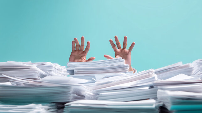 Overwhelmed employee drowning in paperwork and reaching for help, business stress, administrative overload, office burnout, reports and bureaucracy concept. overwhelmed employee, d