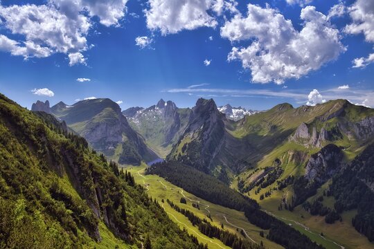 View of Alpstein with mountains Altmann and S&auml;ntis, Appenzell Alps, Canton Appenzell Innerrhoden, Switzerland