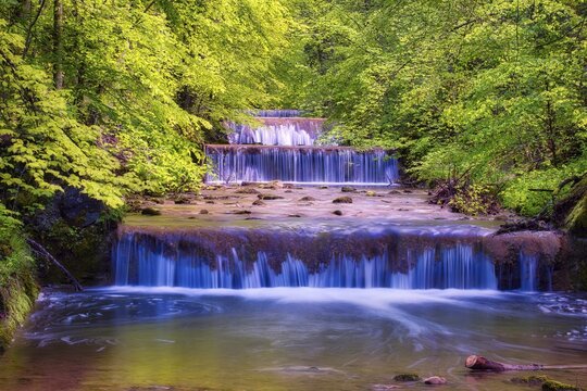 Village stream with waterfalls, cascades in the forest, K&uuml;snacht, Canton Zurich, Switzerland