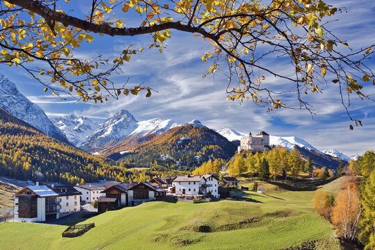 Village view of Tarasp with castle in autumn, Scuol, Canton Graub&uuml;nden, Switzerland