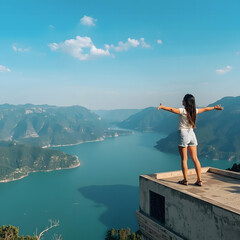 Naklejka premium Confident Woman Standing on Rooftop Edge Overlooking City at Sunrise, Freedom and Independence Concept
