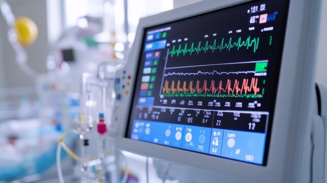 Bright close-up of a patient monitor displaying ECG, HR, SpO2 and other vital signs data. Critical care technology in a modern hospital ICU setting., Medical, Healthcare