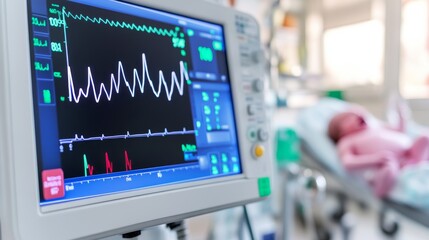 Fototapeta premium Close-up medical monitor displaying vital signs, foregrounding technology in neonatal intensive care. Blurry newborn baby in incubator highlights delicate early life.,Newborn
