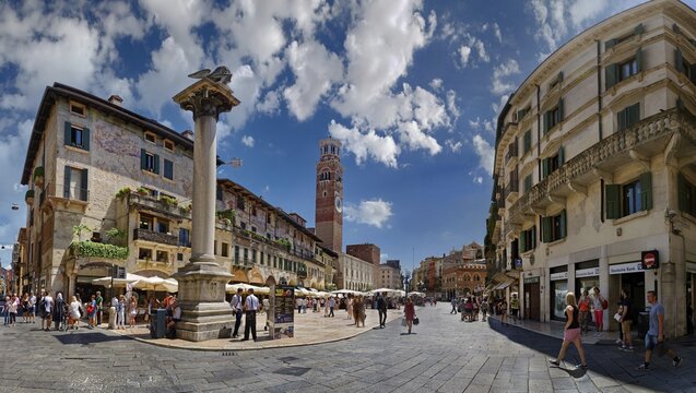 Lively city square Piazza delle Erbe, Verona, Veneto, Italy