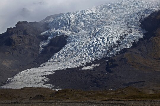 Cleft ice, glacial ice, glacier snout of glacier Vatnak&ouml;kull in Skaftafell, Southern Iceland, Iceland