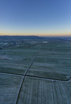 Drone shot, fields with hoarfrost, near Kochel, Alpine foreland, Upper Bavaria, Bavaria, Germany