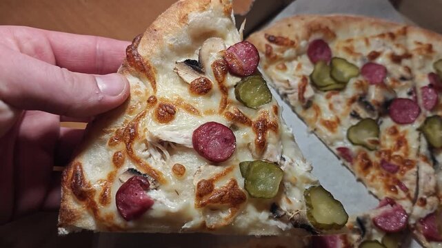 Hand takes a slice of appetizing pizza with sausages and pickles from the box. A male hand picks up a triangular slice of pizza with mushrooms and cheese emphasizing the enjoyment of tasty fast food