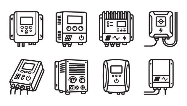 Set of solar charge controllers and inverters in simple line drawing style on white background